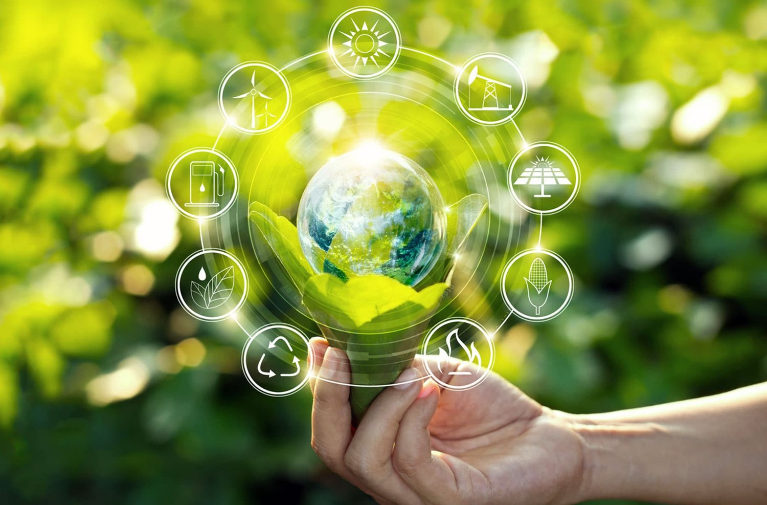 hand holding small earth with floating circles 